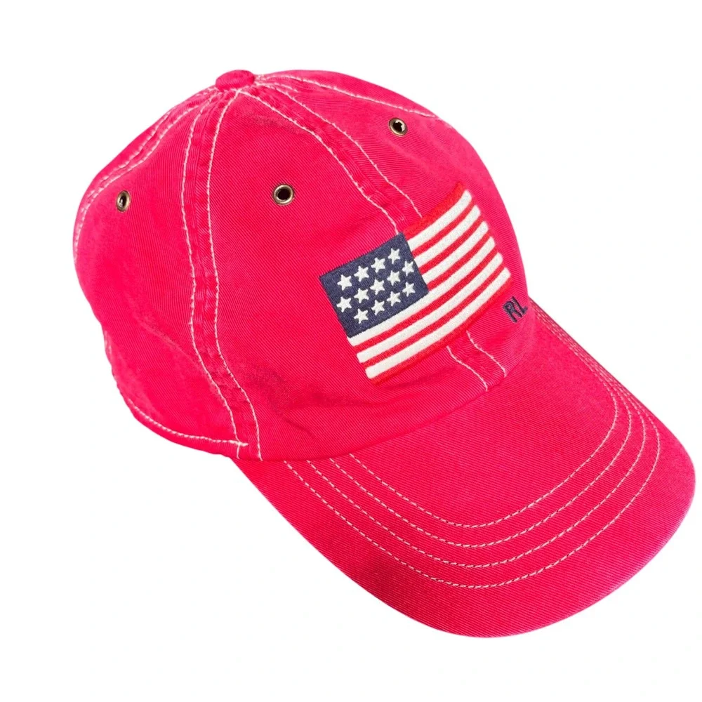 Polo Ralph Lauren Baseball Hat Cap Red USA Flag Emboidered Leather Strap